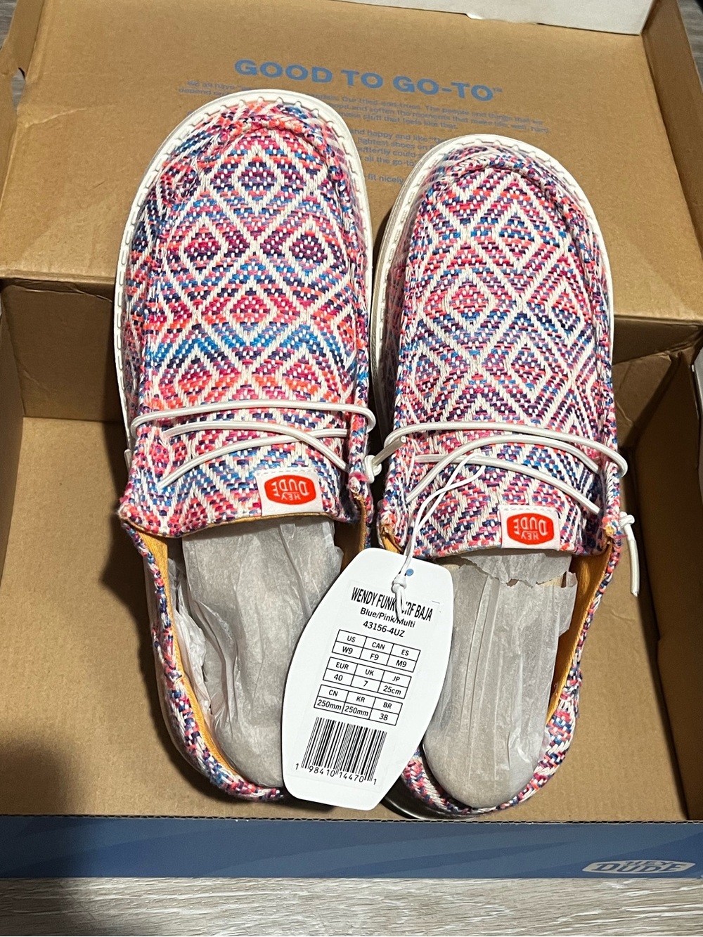 Women’s hey Dude Pink Blue White Patterned Slip-On Sneakers - Picture 3 of 3